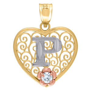 10kt Tri-color Gold Womens Filigree Heart Initial P Charm Pendant