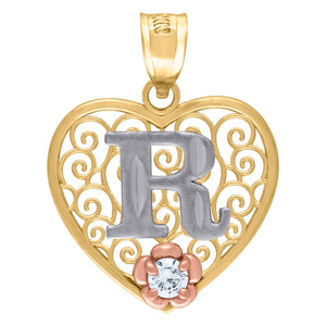 10kt Tri-color Gold Womens Filigree Heart Initial R Charm Pendant
