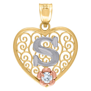10kt Tri-color Gold Womens Filigree Heart Initial S Charm Pendant