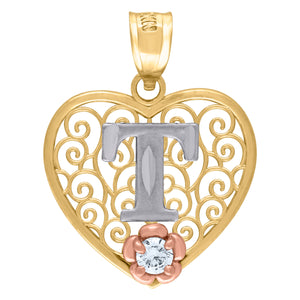 10kt Tri-color Gold Womens Filigree Heart Initial T Charm Pendant