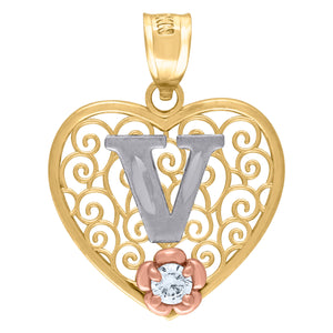10kt Tri-color Gold Womens Filigree Heart Initial V Charm Pendant