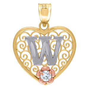 10kt Tri-color Gold Womens Filigree Heart Initial W Charm Pendant