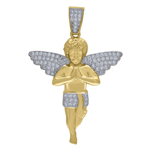 10KT Two-Tone Gold Mens Cubic Zirconia Praying Angel Religious Charm Pendant