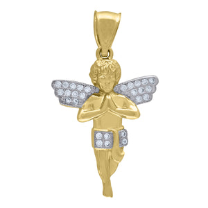 10KT Two-Tone Gold Mens Cubic Zirconia Praying Angel Religious Charm Pendant