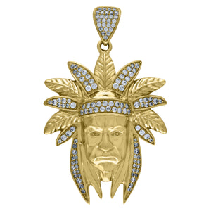 10KT Yellow Gold Mens Cubic Zirconia Native Indian Fashion Charm Pendant