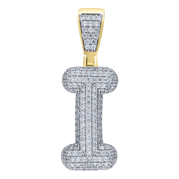 925 Sterling Silver Yellow-tone Unisex CZ Bubble Initial Alphabet I Charm Pendant