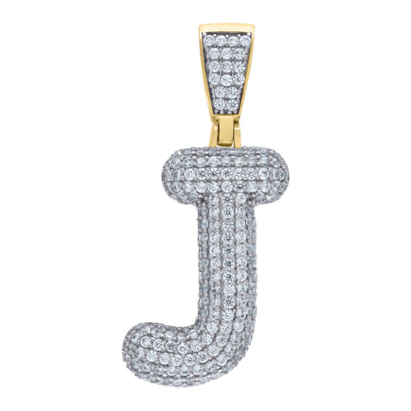 925 Sterling Silver Yellow-tone Unisex CZ Bubble Initial Alphabet J Charm Pendant