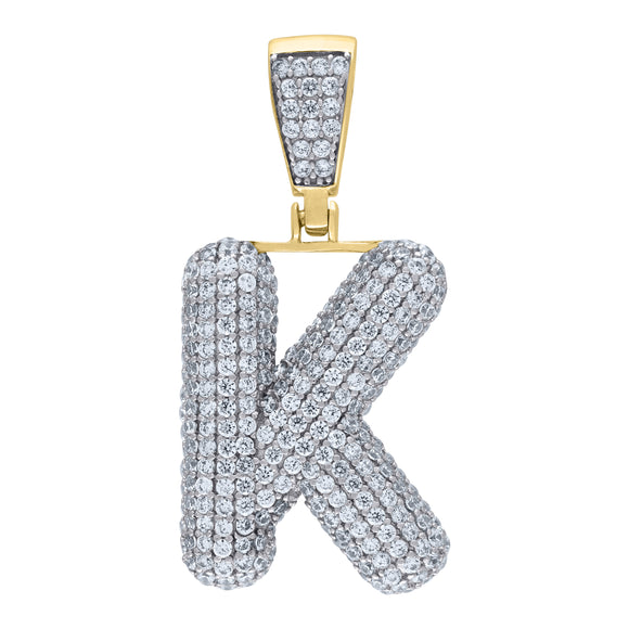 925 Sterling Silver Yellow-tone Unisex CZ Bubble Initial Alphabet K Charm Pendant