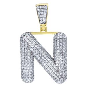 925 Sterling Silver Yellow-tone Unisex CZ Bubble Initial Alphabet N Charm Pendant