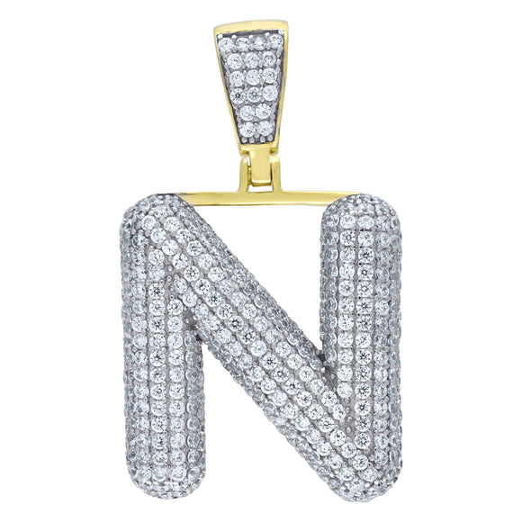 925 Sterling Silver Yellow-tone Unisex CZ Bubble Initial Alphabet N Charm Pendant