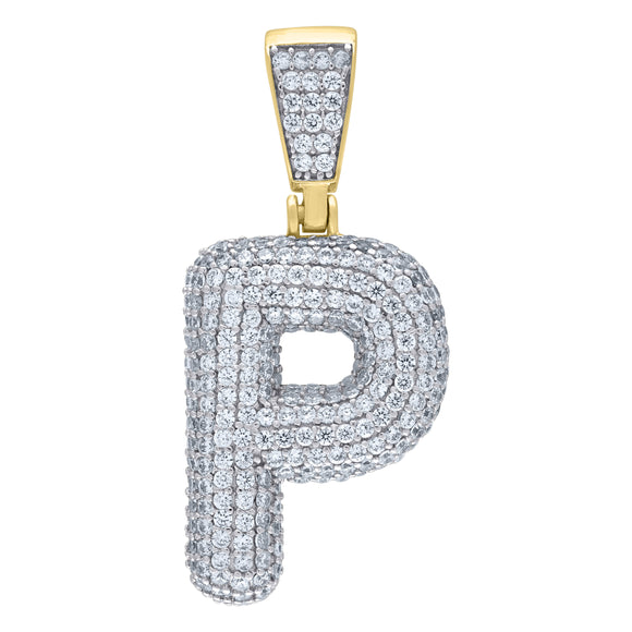 925 Sterling Silver Yellow-tone Unisex CZ Bubble Initial Alphabet P Charm Pendant