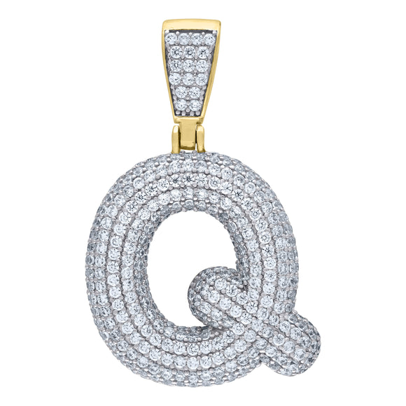 925 Sterling Silver Yellow-tone Unisex CZ Bubble Initial Alphabet Q Charm Pendant