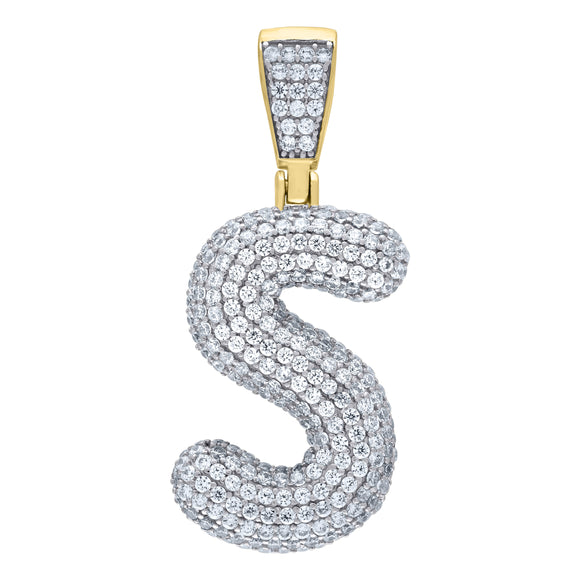 925 Sterling Silver Yellow-tone Unisex CZ Bubble Initial Alphabet S Charm Pendant