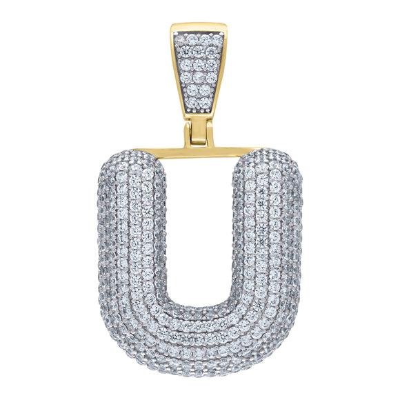 925 Sterling Silver Yellow-tone Unisex CZ Bubble Initial Alphabet U Charm Pendant