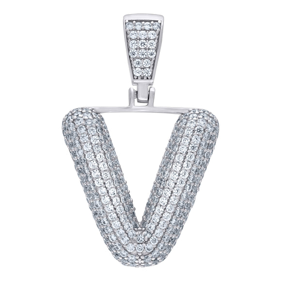 925 Sterling Silver Unisex CZ Bubble Initial Alphabet V Charm Pendant