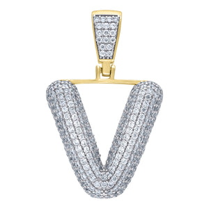 925 Sterling Silver Yellow-tone Unisex CZ Bubble Initial Alphabet V Charm Pendant
