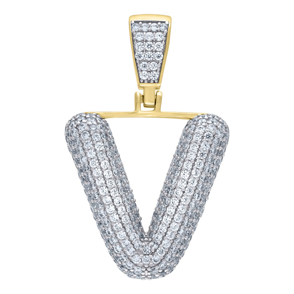925 Sterling Silver Yellow-tone Unisex CZ Bubble Initial Alphabet V Charm Pendant