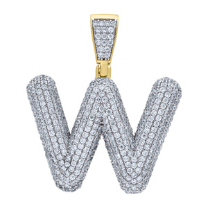 925 Sterling Silver Yellow-tone Unisex CZ Bubble Initial Alphabet W Charm Pendant