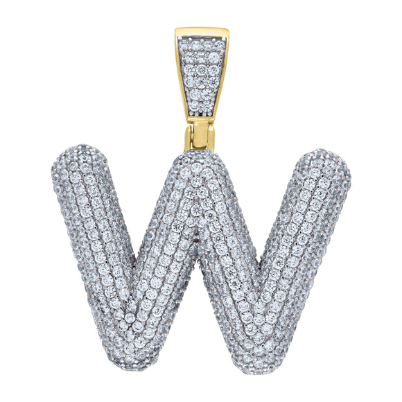 925 Sterling Silver Yellow-tone Unisex CZ Bubble Initial Alphabet W Charm Pendant