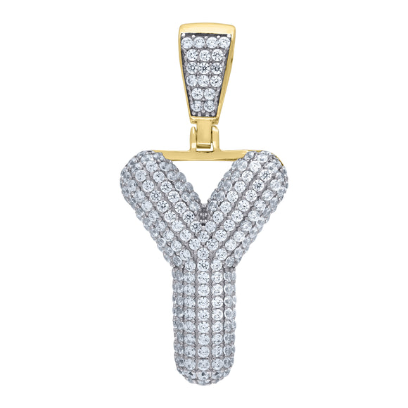 925 Sterling Silver Yellow-tone Unisex CZ Bubble Initial Alphabet Y Charm Pendant