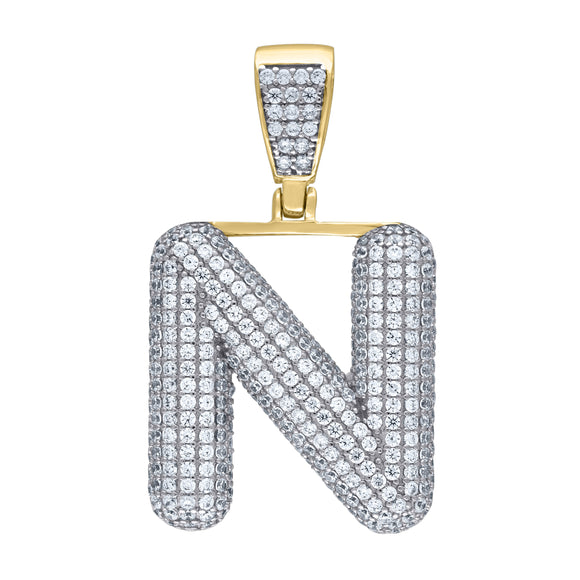 925 Sterling Silver Yellow-tone Unisex CZ Initial Alphabet N Charm Pendant