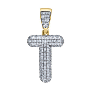 925 Sterling Silver Yellow-tone Unisex CZ Initial Alphabet T Charm Pendant