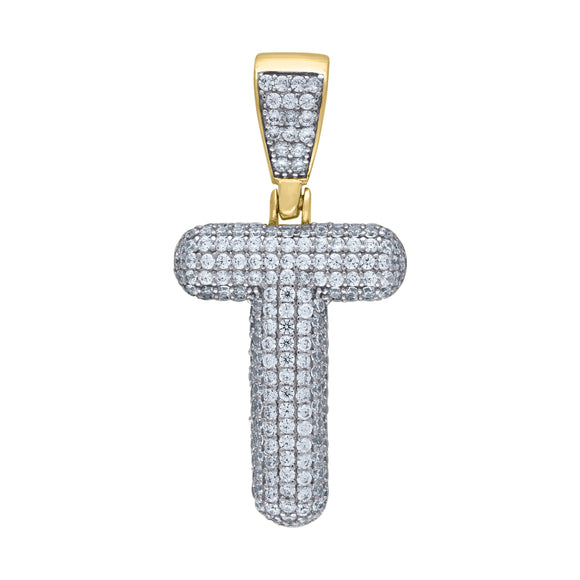 925 Sterling Silver Yellow-tone Unisex CZ Initial Alphabet T Charm Pendant