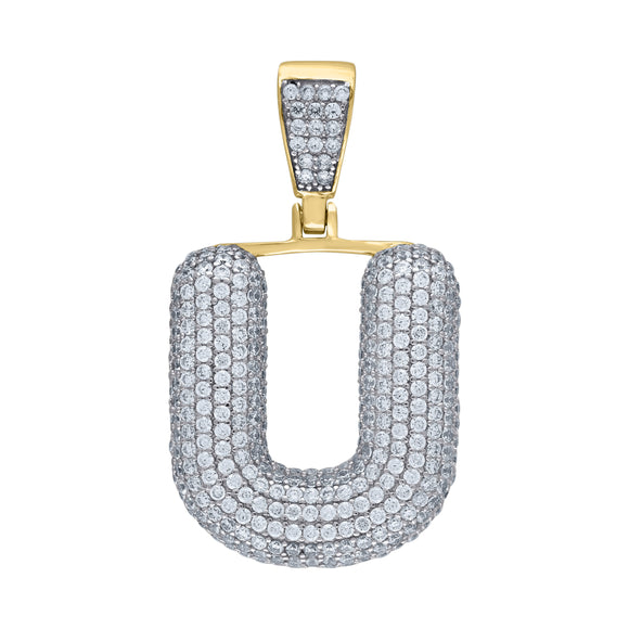 925 Sterling Silver Yellow-tone Unisex CZ Initial Alphabet U Charm Pendant