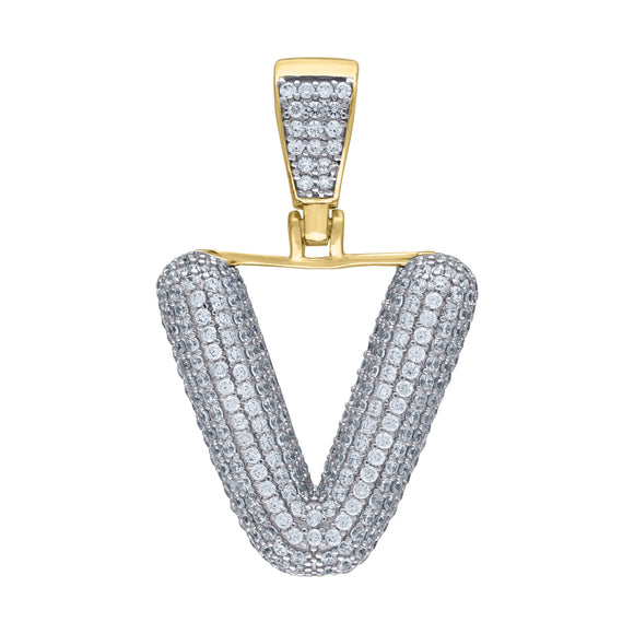 925 Sterling Silver Yellow-tone Unisex CZ Initial Alphabet V Charm Pendant