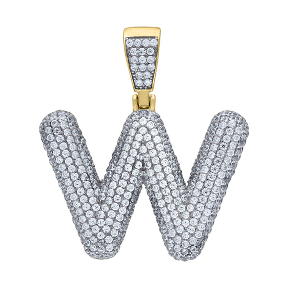 925 Sterling Silver Yellow-tone Unisex CZ Initial Alphabet W Charm Pendant