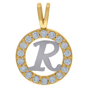 10kt Two-tone Gold Unisex Cubic Zirconia Initial R Round Charm Pendant