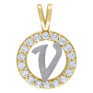 10kt Two-tone Gold Unisex Cubic Zirconia Initial V Round Charm Pendant
