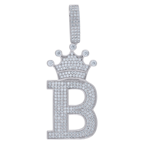 925 Sterling Silver Unisex CZ Initial Alphabet B Crown Charm Pendant