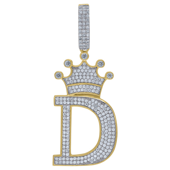 925 Sterling Silver Yellow-tone Unisex CZ Initial Alphabet D Crown Charm Pendant