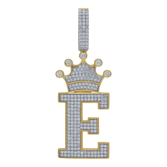 925 Sterling Silver Yellow-tone Unisex CZ Initial Alphabet E Crown Charm Pendant