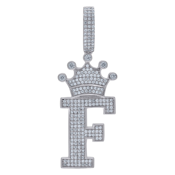 925 Sterling Silver Unisex CZ Initial Alphabet F Crown Charm Pendant