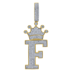 925 Sterling Silver Yellow-tone Unisex CZ Initial Alphabet F Crown Charm Pendant