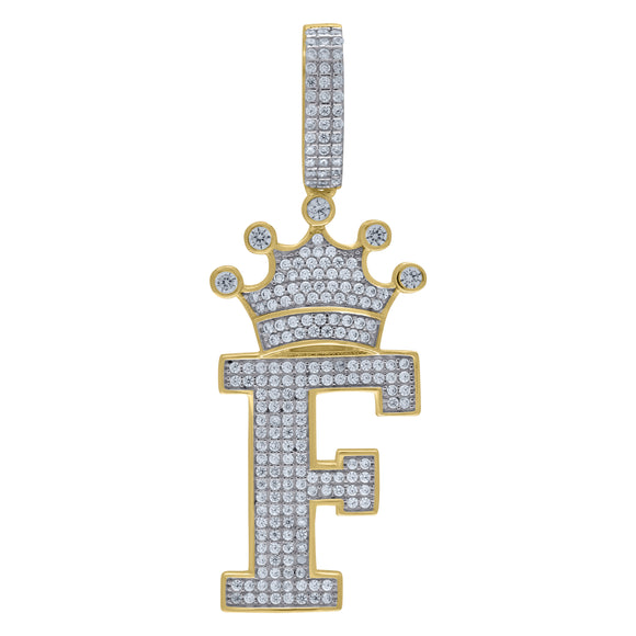 925 Sterling Silver Yellow-tone Unisex CZ Initial Alphabet F Crown Charm Pendant