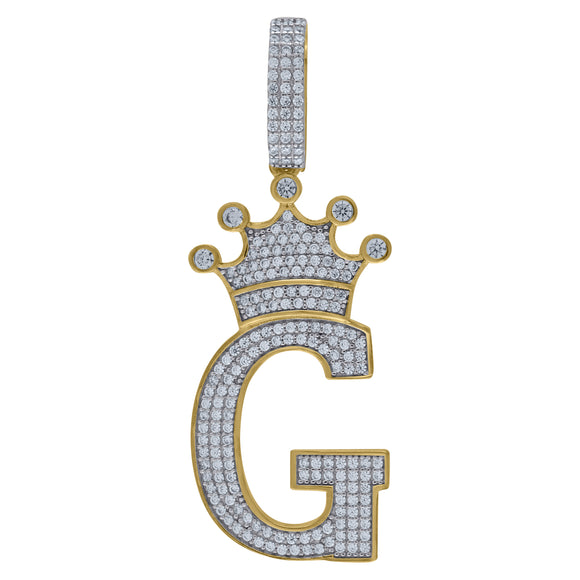 925 Sterling Silver Yellow-tone Unisex CZ Initial Alphabet G Crown Charm Pendant
