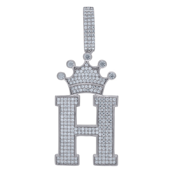 925 Sterling Silver Unisex CZ Initial Alphabet H Crown Charm Pendant