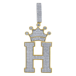 925 Sterling Silver Yellow-tone Unisex CZ Initial Alphabet H Crown Charm Pendant