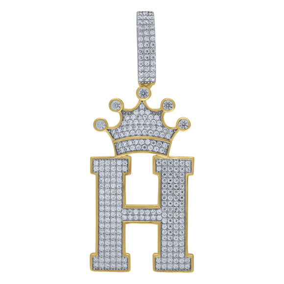 925 Sterling Silver Yellow-tone Unisex CZ Initial Alphabet H Crown Charm Pendant