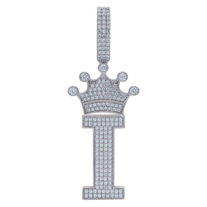 925 Sterling Silver Unisex CZ Initial Alphabet I Crown Charm Pendant