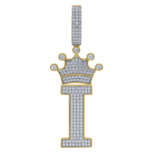 925 Sterling Silver Yellow-tone Unisex CZ Initial Alphabet I Crown Charm Pendant