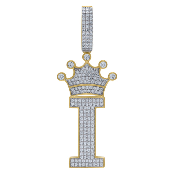 925 Sterling Silver Yellow-tone Unisex CZ Initial Alphabet I Crown Charm Pendant