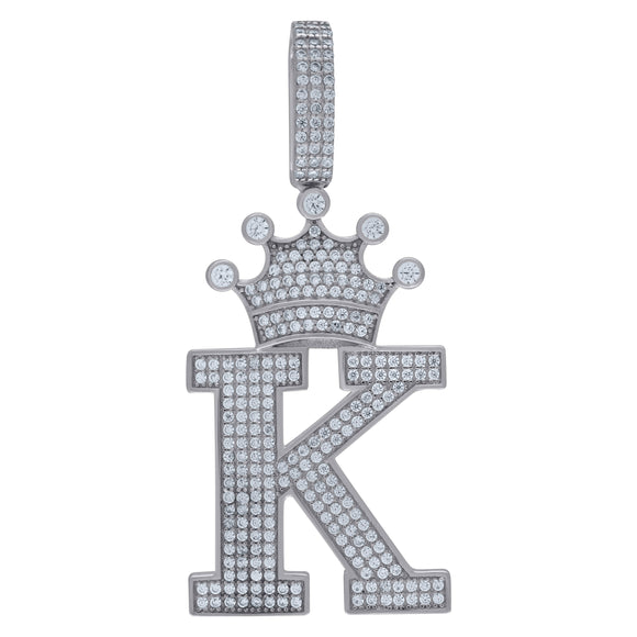 925 Sterling Silver Unisex CZ Initial Alphabet K Crown Charm Pendant