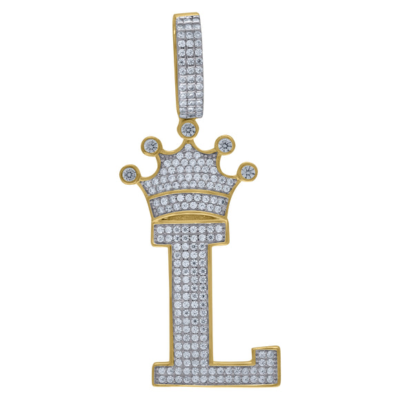 925 Sterling Silver Yellow-tone Unisex CZ Initial Alphabet L Crown Charm Pendant