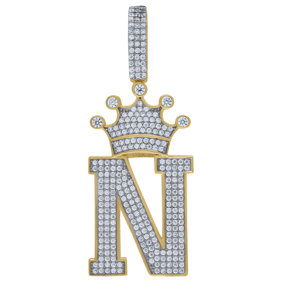 925 Sterling Silver Yellow-tone Unisex CZ Initial Alphabet N Crown Charm Pendant