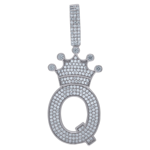 925 Sterling Silver Unisex CZ Initial Alphabet Q Crown Charm Pendant