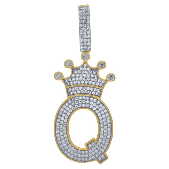 925 Sterling Silver Yellow-tone Unisex CZ Initial Alphabet Q Crown Charm Pendant